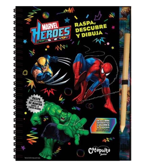 MARVEL HÉROES. RASPA, DESCUBRE Y DIBUJA + LÁPIZ